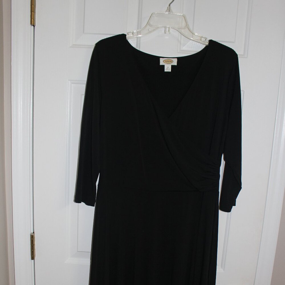 Talbots Dress; Size 12; Black; Midi with mock wrap at waist; ¾ length sleeve;